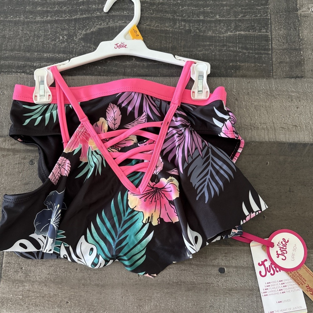 Justice Bikini Girls Swimsuit 2 Piece Lace Up BLK Floral Bikini Large 12/14 New